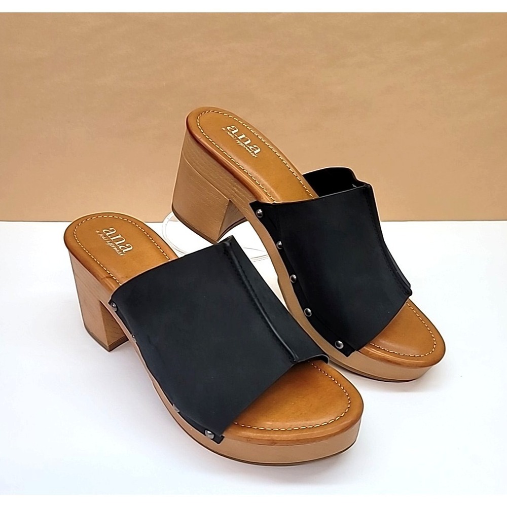 A.N.A. Womens Size 9M Black Faux Suede Elissa Block Heel Slides/Sandals